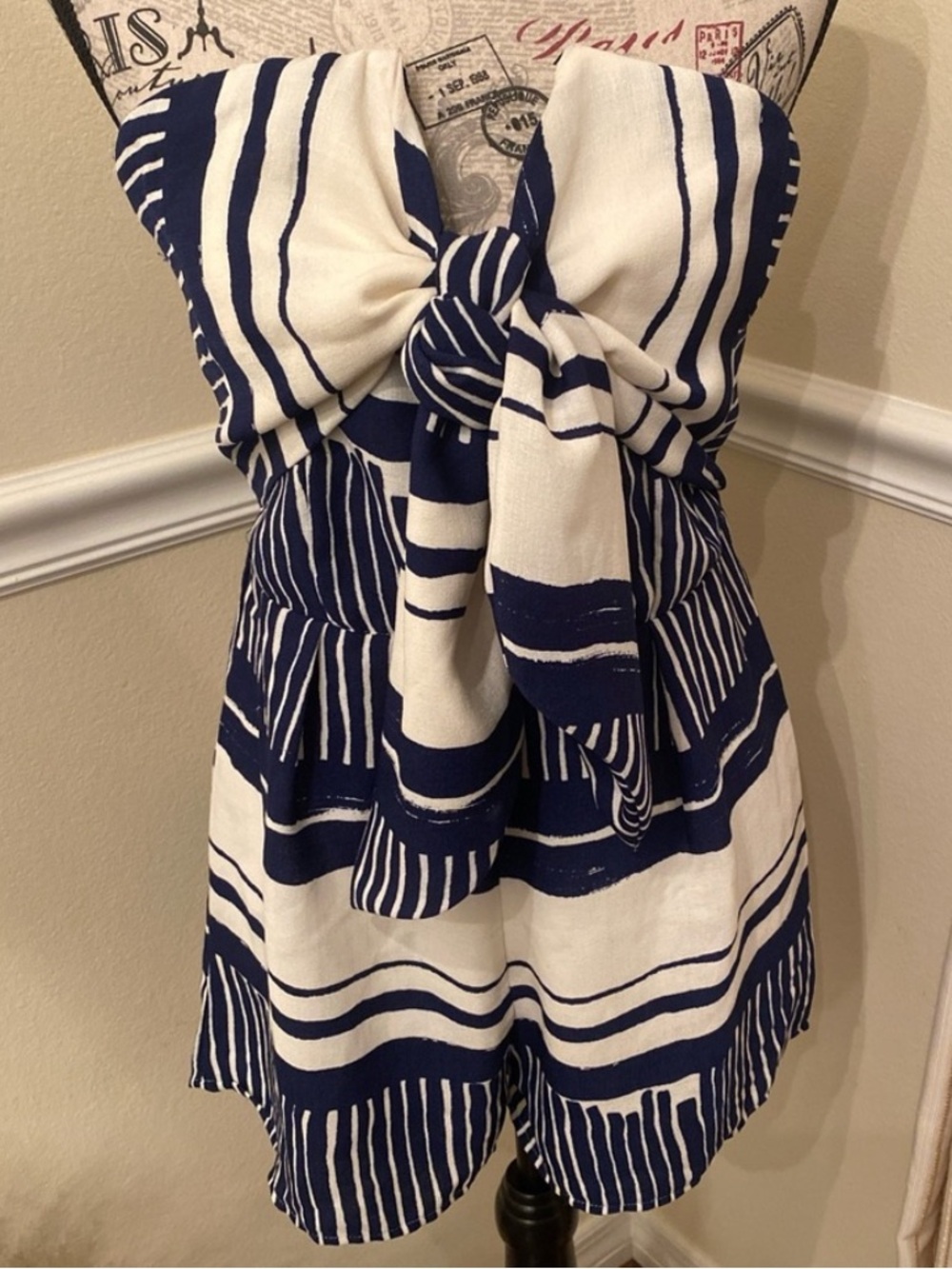 Lulus Navy Cream Striped Bow Front Strapless Romper Small - Picture 3 of 13